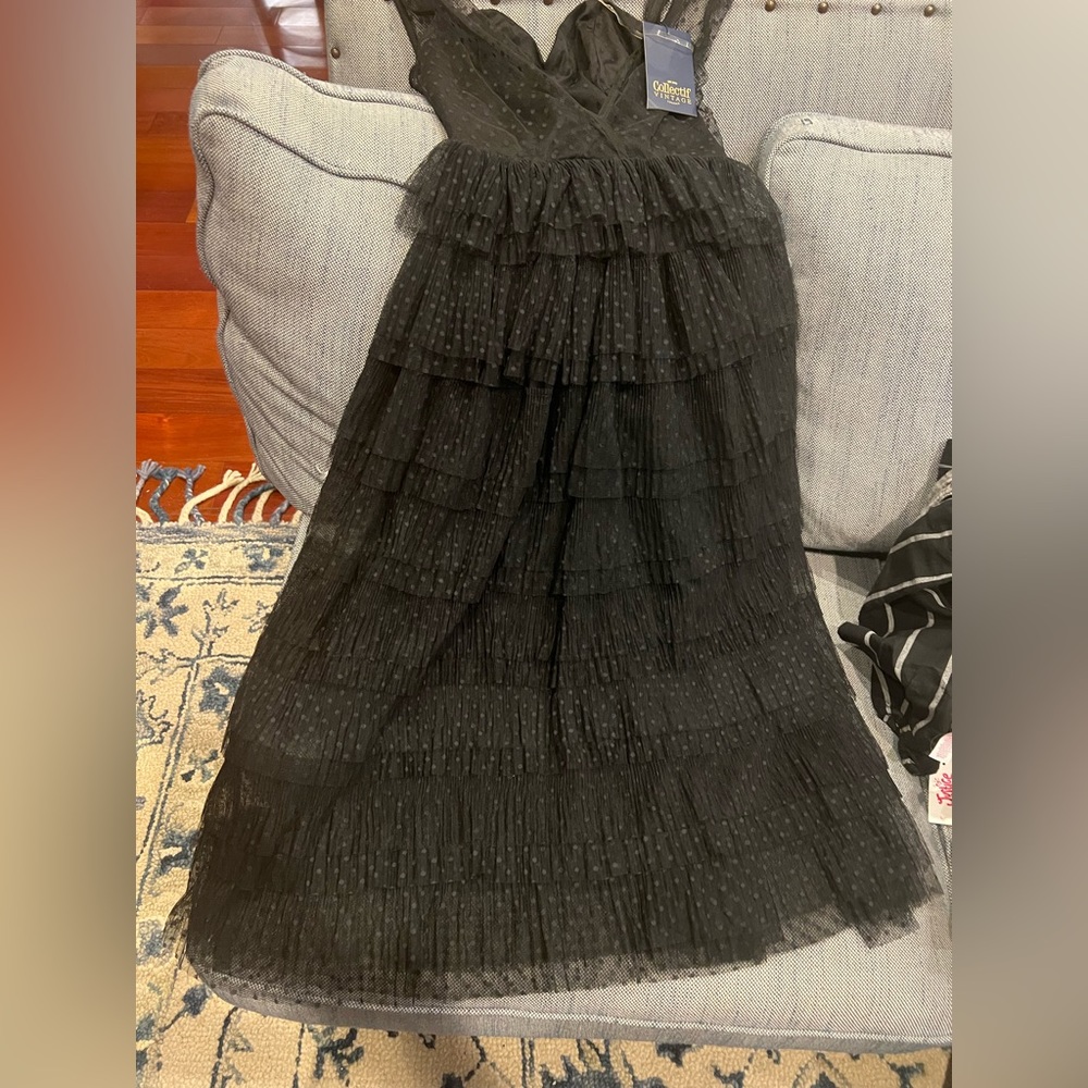 Black vintage, ruffle, tulle lace dress. Full length.